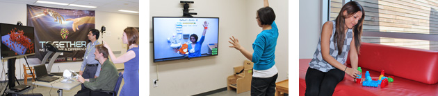 Three photos of people testing various equipment
